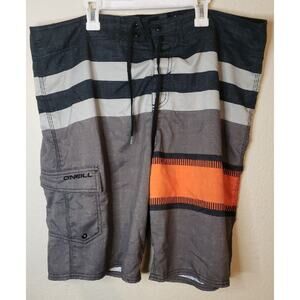 ONeill Board Shorts Size 38 Striped Gray Orange Quick Dry Pocket Surf Swimsuit